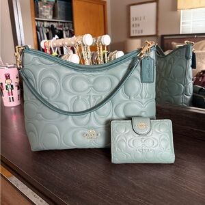 Coach Teal Embossed Shoulder Bag and Wallet Set